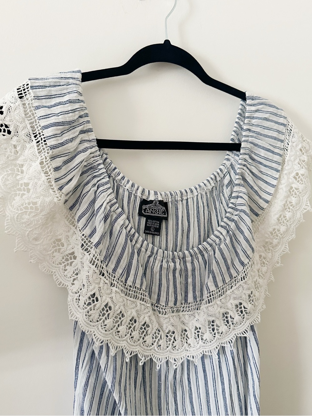 Angie Boho Blue and White Lace Detail Top Large